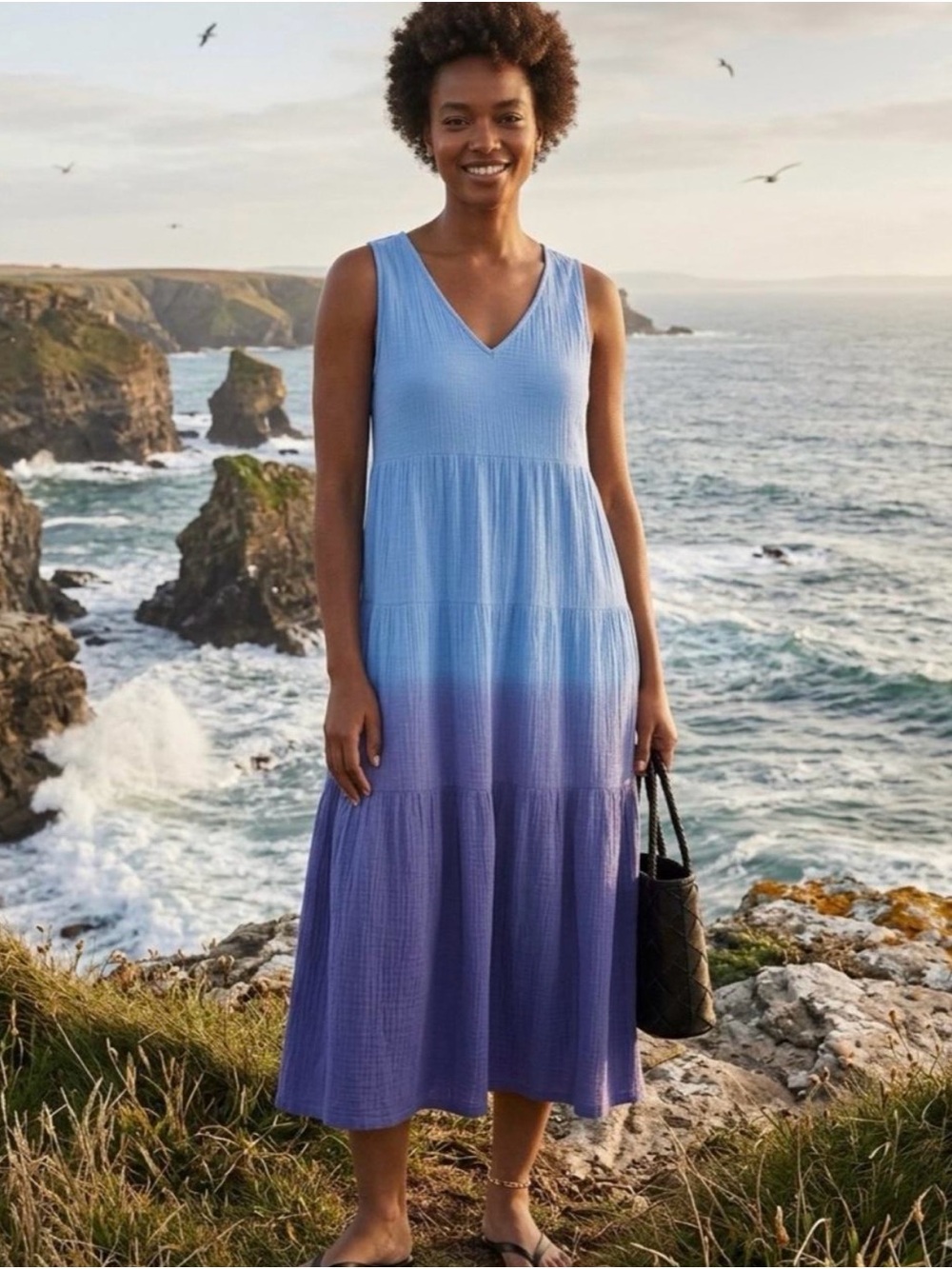 Marine Layer Corinne Blue Ombré Cotton Gauze Maxi Dress Size L - Picture 3 of 10